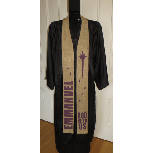 Emmanuel - reclaimed coffee sack clergy stole for Advent