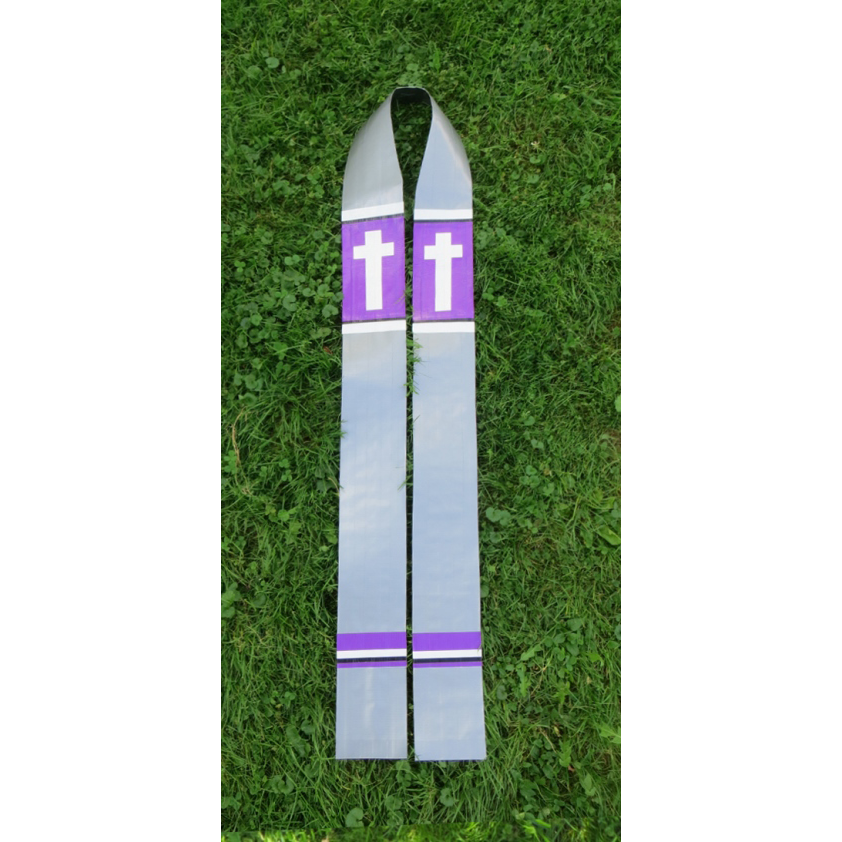 Deluxe Duct Tape Clergy Stole - silver with white cross in purple band