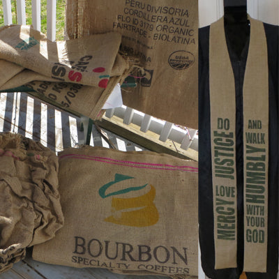 Burlap coffee sacks are transformed into rustic yet elegant clergy stoles