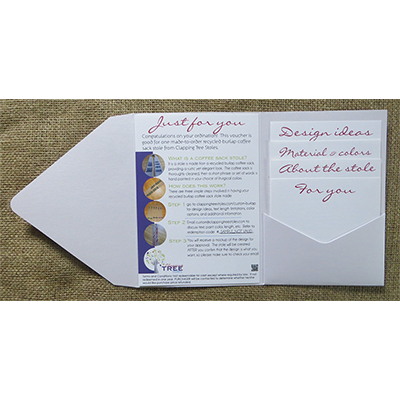 Made-to-order recycled coffee sack stole with presentation planning kit