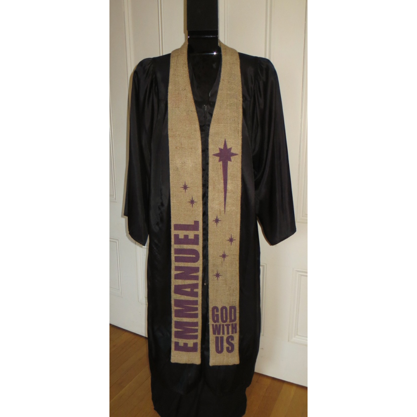 Emmanuel - reclaimed coffee sack clergy stole for Advent