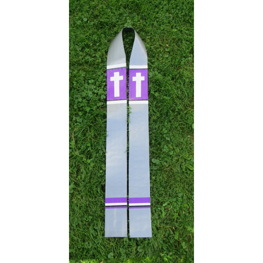 Deluxe Duct Tape Clergy Stole - silver with white cross in purple band